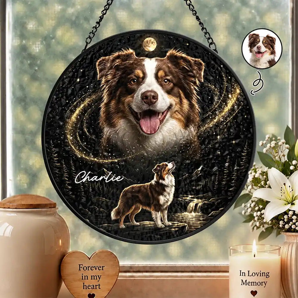 Dog Memorial Gift For Pet Loss - Personalized Custom Photo Moonlight Night Sky Portrait Stained Glass Window Hanging Suncatcher