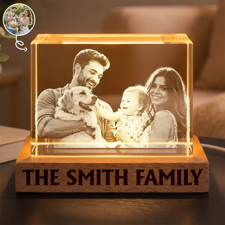 Couple With Pet, Dog Mom, Cat Dad, New Baby - Personalized Custom Photo First Year As A Family Of Four Crystal Cube Lamp
