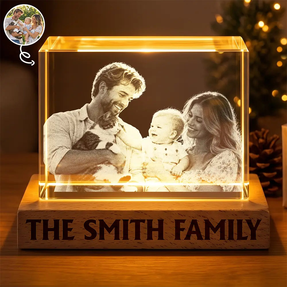 Christmas,Custom Photo,Family,First Christmas,Gift For Couples,Happy,Pet Couple,Pet Lovers,Remove BG Photo - Couple With Pet, Dog Mom, Cat Dad, New Baby - Personalized Custom Photo First Year As A Family Of Four Crystal Cube Lamp