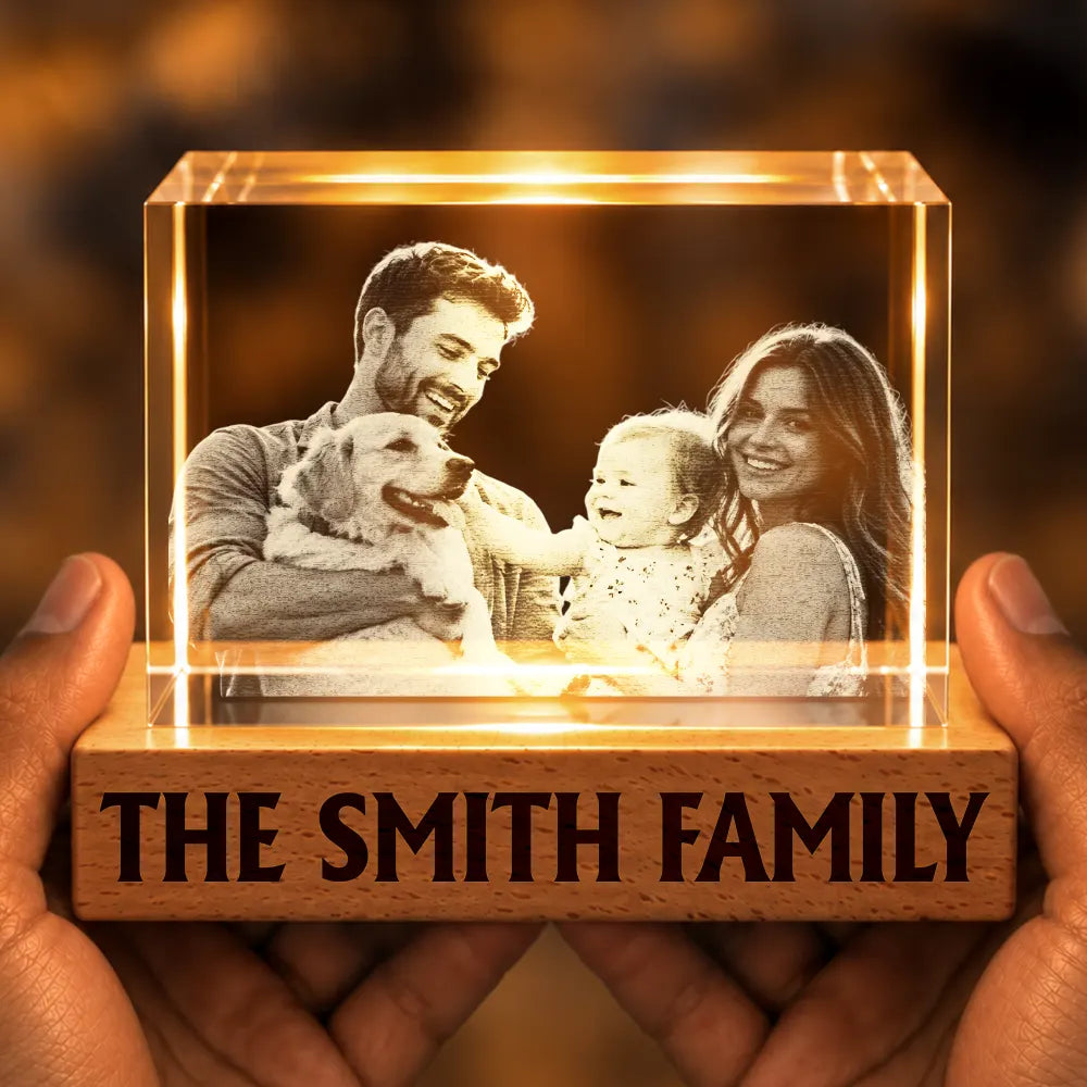 Christmas,Custom Photo,Family,First Christmas,Gift For Couples,Happy,Pet Couple,Pet Lovers,Remove BG Photo - Couple With Pet, Dog Mom, Cat Dad, New Baby - Personalized Custom Photo First Year As A Family Of Four Crystal Cube Lamp