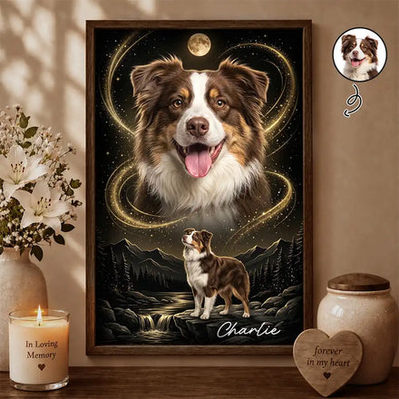 Dog Memorial Gift For Pet Loss - Personalized Custom Photo Moonlight Night Sky Portrait Poster