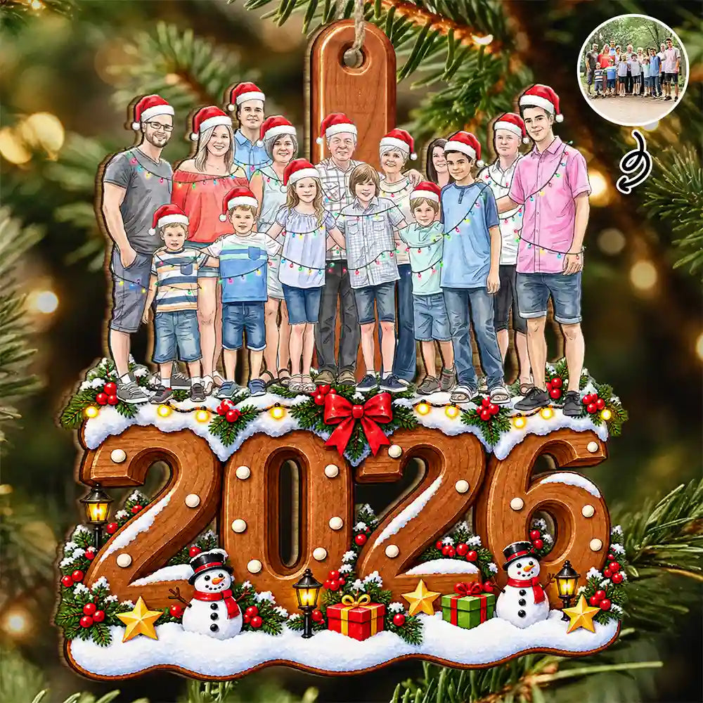 Art Design,Christmas,Custom Photo,Family,Happy,Photo - Portrait With Santa Hat & Christmas Lights - Christmas Keepsake Gift For Family - Personalized Custom Photo Watercolor Portrait Wooden Ornament
