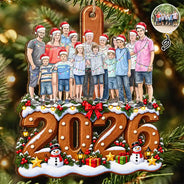 Art Design,Christmas,Custom Photo,Family,Happy,Photo - Portrait With Santa Hat & Christmas Lights - Christmas Keepsake Gift For Family - Personalized Custom Photo Watercolor Portrait Wooden Ornament