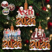 Art Design,Christmas,Custom Photo,Family,Happy,Photo - Portrait With Santa Hat & Christmas Lights - Christmas Keepsake Gift For Family - Personalized Custom Photo Watercolor Portrait Wooden Ornament