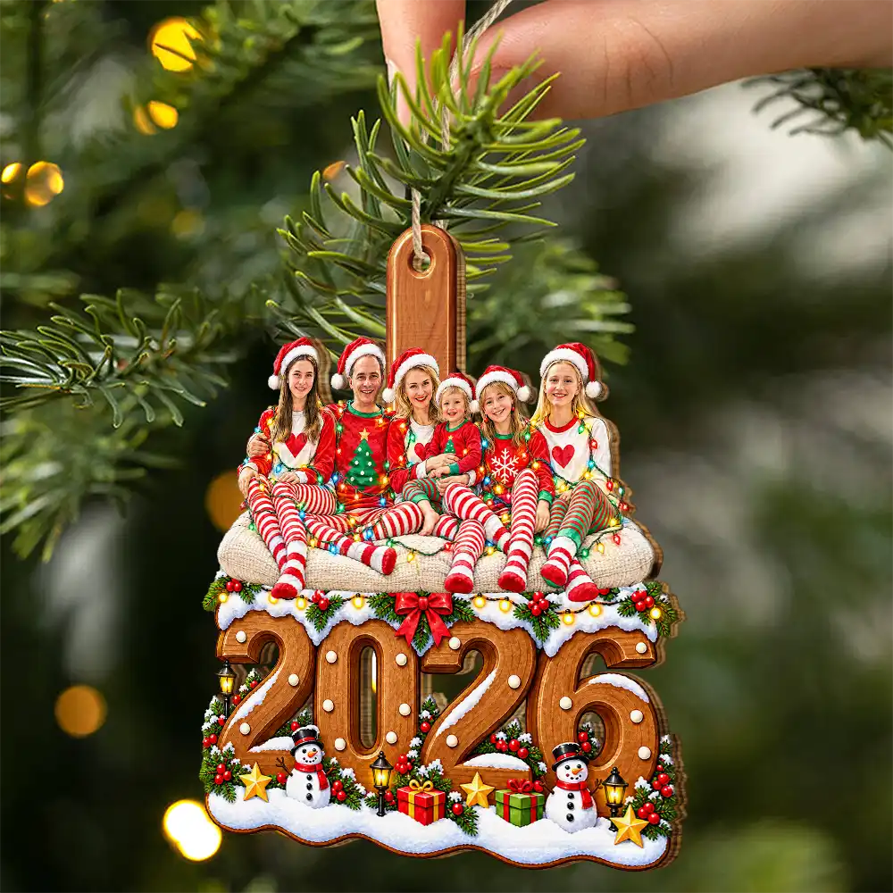 Art Design,Christmas,Custom Photo,Family,Happy,Photo - Portrait With Santa Hat & Christmas Lights - Christmas Keepsake Gift For Family - Personalized Custom Photo Watercolor Portrait Wooden Ornament