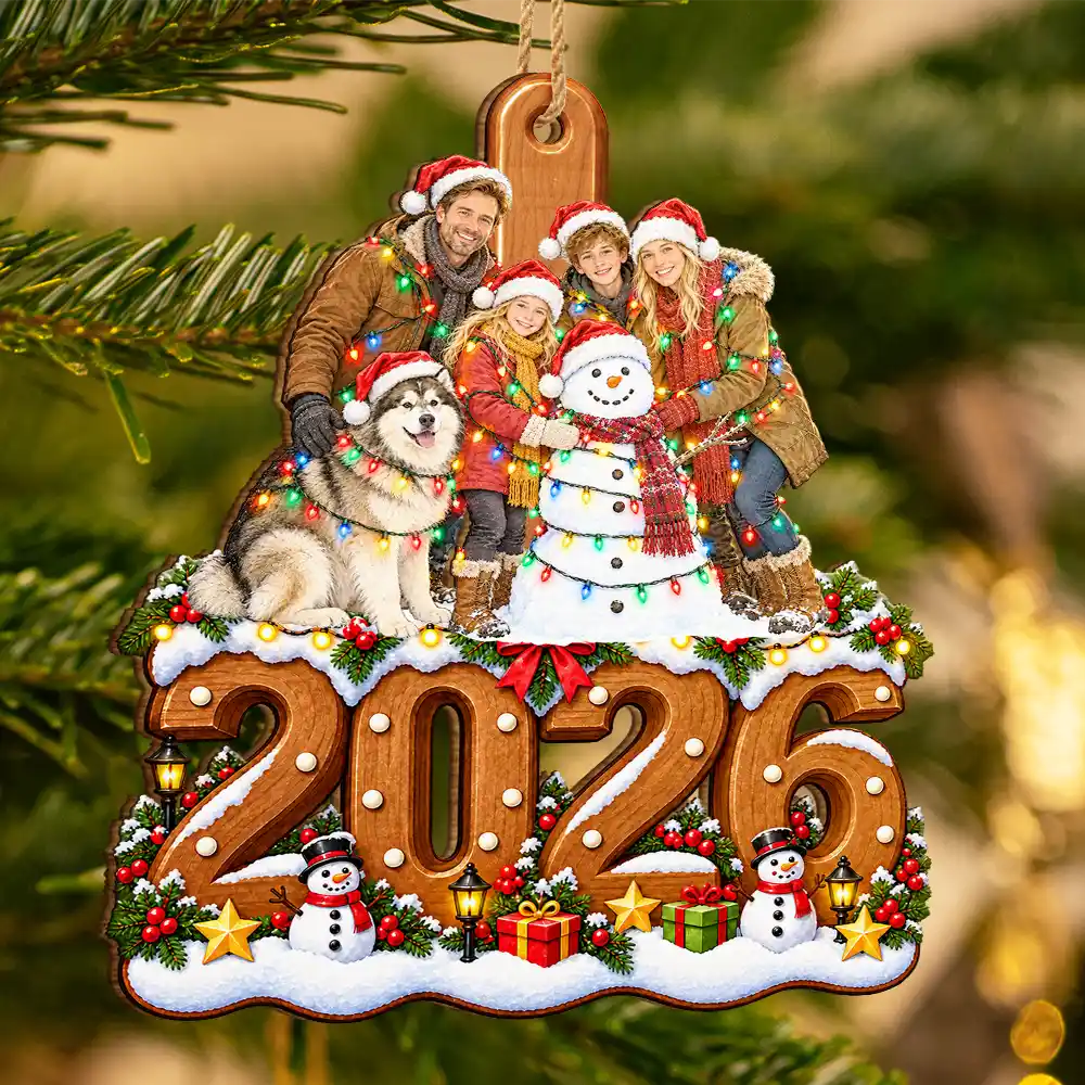 Art Design,Christmas,Custom Photo,Family,Happy,Photo - Portrait With Santa Hat & Christmas Lights - Christmas Keepsake Gift For Family - Personalized Custom Photo Watercolor Portrait Wooden Ornament