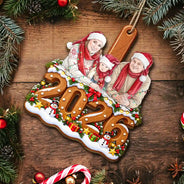 Art Design,Christmas,Custom Photo,Family,Happy,Photo - Portrait With Santa Hat & Christmas Lights - Christmas Keepsake Gift For Family - Personalized Custom Photo Watercolor Portrait Wooden Ornament