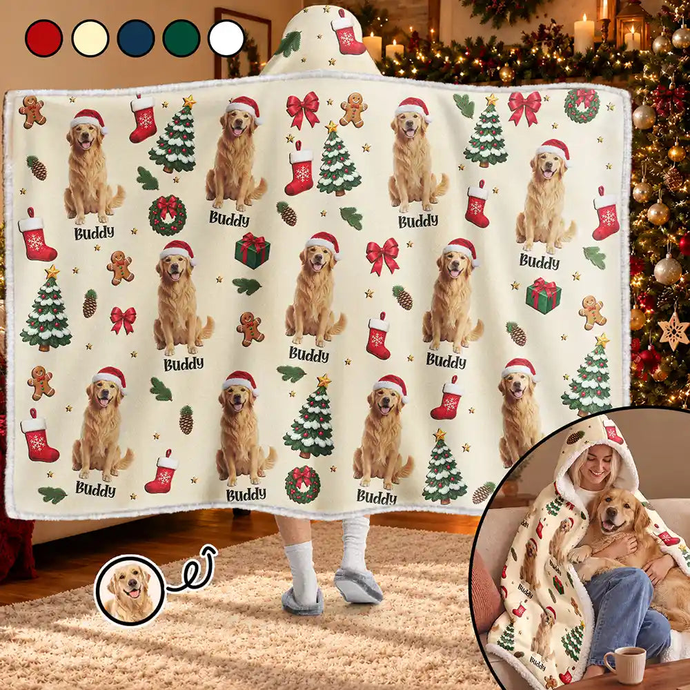 Christmas Gift For Pet Mom - Personalized Custom Photo Pet Name Festive Pattern Wearable Hooded Blanket
