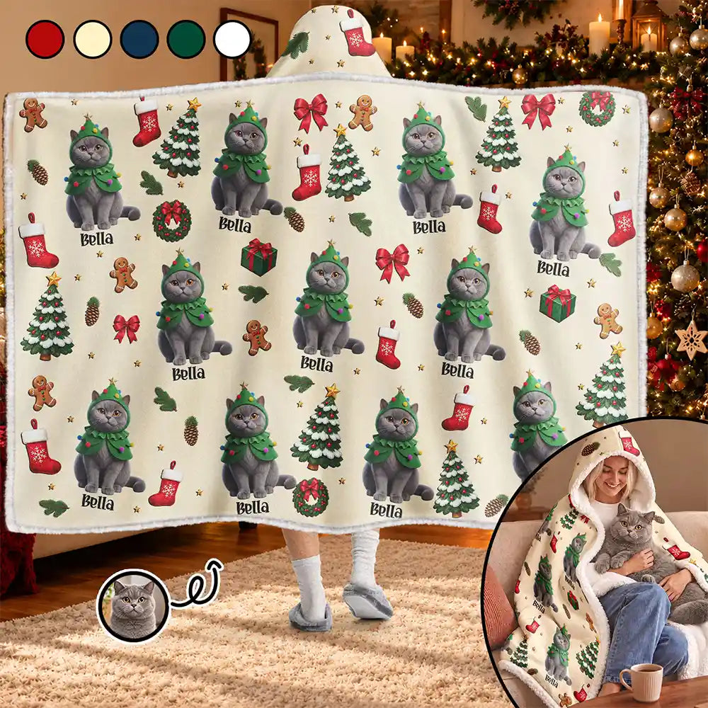 Art Design,Christmas,Custom Photo,Happy,Pet Lovers,Photo - Christmas Accessories 3D Cartoon Pet - Christmas Gift For Pet Mom - Personalized Custom Photo Pet Name Festive Pattern Wearable Hooded Blanket