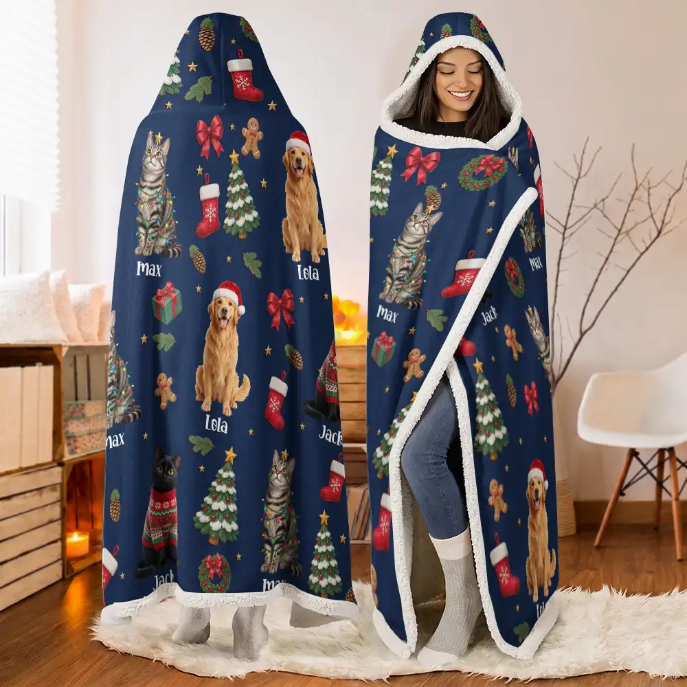 Art Design,Christmas,Custom Photo,Happy,Pet Lovers,Photo - Christmas Accessories 3D Cartoon Pet - Christmas Gift For Pet Mom - Personalized Custom Photo Pet Name Festive Pattern Wearable Hooded Blanket