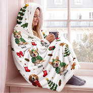 Art Design,Christmas,Custom Photo,Happy,Pet Lovers,Photo - Christmas Accessories 3D Cartoon Pet - Christmas Gift For Pet Mom - Personalized Custom Photo Pet Name Festive Pattern Wearable Hooded Blanket
