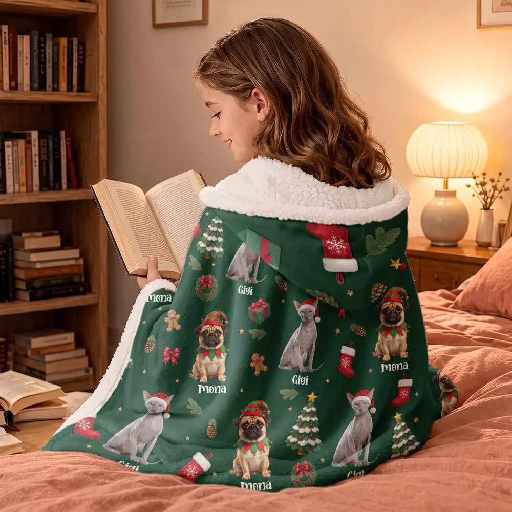 Art Design,Christmas,Custom Photo,Happy,Pet Lovers,Photo - Christmas Accessories 3D Cartoon Pet - Christmas Gift For Pet Mom - Personalized Custom Photo Pet Name Festive Pattern Wearable Hooded Blanket