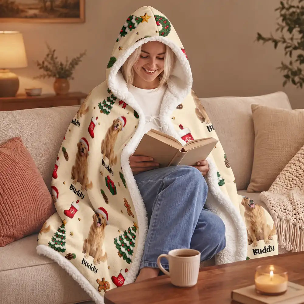 Art Design,Christmas,Custom Photo,Happy,Pet Lovers,Photo - Christmas Accessories 3D Cartoon Pet - Christmas Gift For Pet Mom - Personalized Custom Photo Pet Name Festive Pattern Wearable Hooded Blanket
