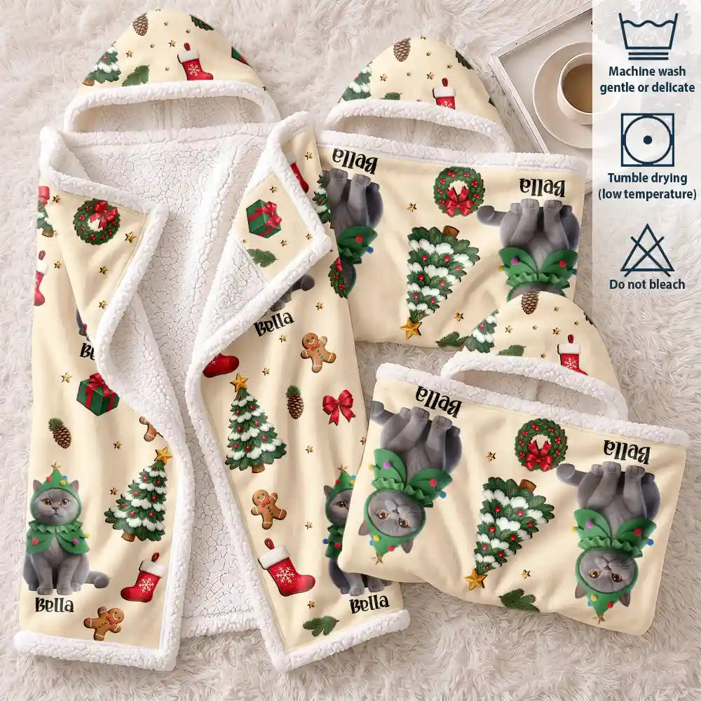 Art Design,Christmas,Custom Photo,Happy,Pet Lovers,Photo - Christmas Accessories 3D Cartoon Pet - Christmas Gift For Pet Mom - Personalized Custom Photo Pet Name Festive Pattern Wearable Hooded Blanket