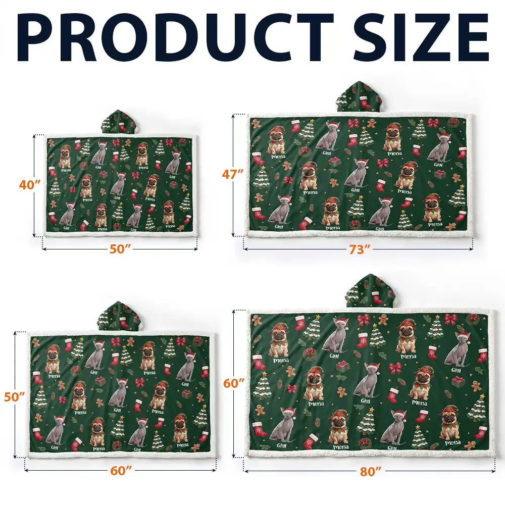 Art Design,Christmas,Custom Photo,Happy,Pet Lovers,Photo - Christmas Accessories 3D Cartoon Pet - Christmas Gift For Pet Mom - Personalized Custom Photo Pet Name Festive Pattern Wearable Hooded Blanket