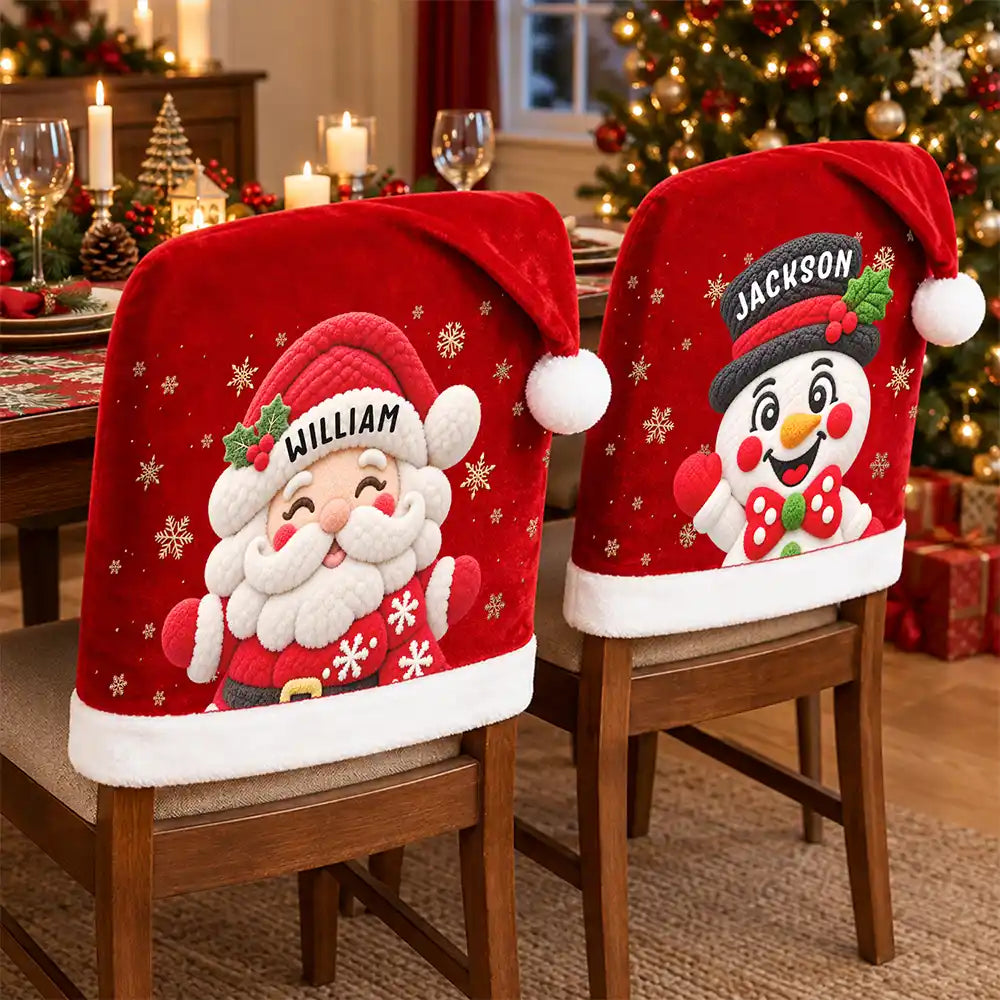 Christmas Table Decor Gift For Family - Personalized Faux Chenille Effect Santa Snowman Reindeer Chair Cover