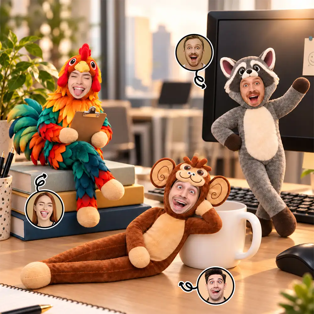 Funny Friendship Gift For Coworker, Work Bestie, Best Friend - Personalized Custom Photo Face Monkey Chicken Raccoon Duck Donkey Poseable Plush Doll