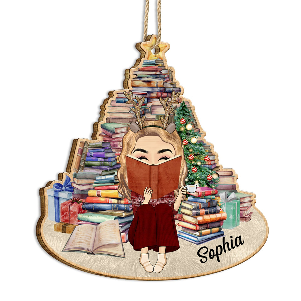 Girl Under Book Christmas Tree - Xmas Gift For Women Who Love Reading Books - Personalized Custom Shaped Wooden Ornament