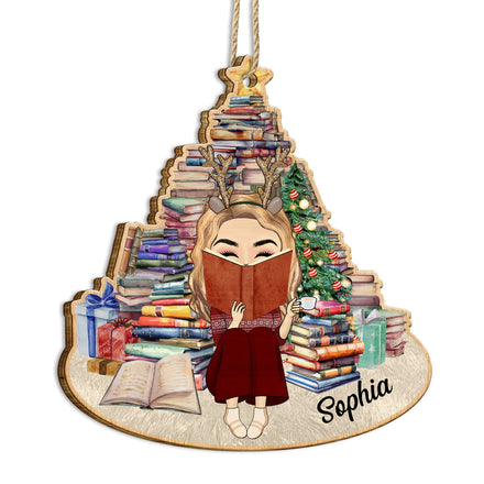 Girl Under Book Christmas Tree - Xmas Gift For Women Who Love Reading Books - Personalized Custom Shaped Wooden Ornament