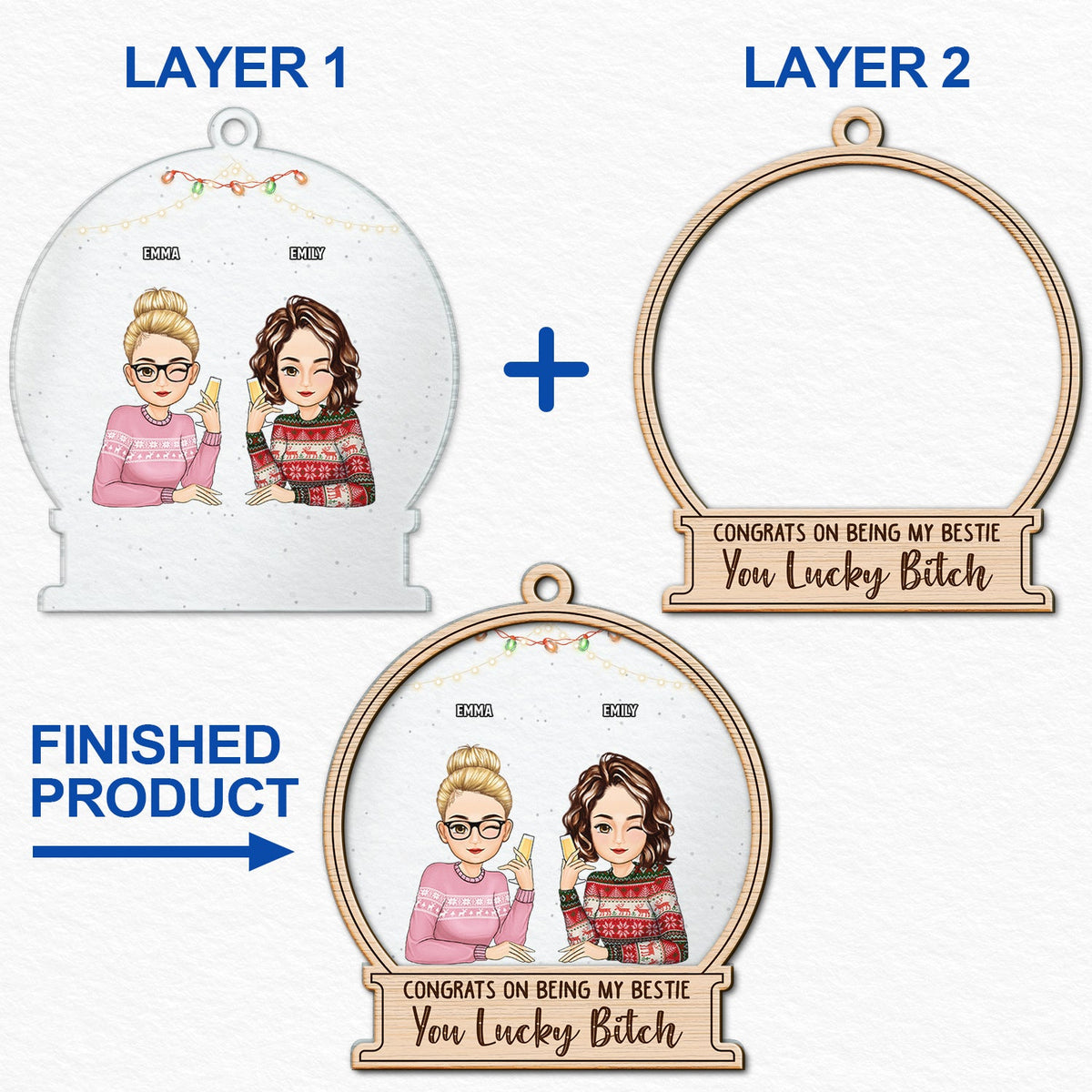 Christmas Congrats On Being My Besties Cartoon Drinking - Gift For Bestie - Personalized 2-Layered Mix Ornament