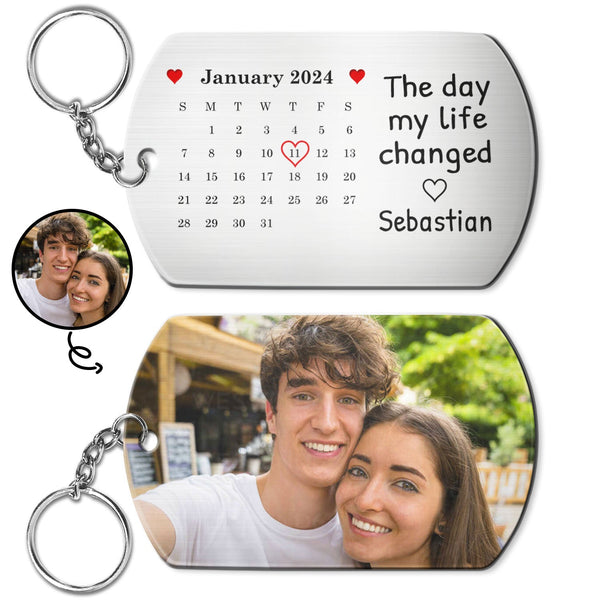 Custom Photo Calendar The Day My Life Changed - Gift For Couples - Personalized Aluminum Keychain