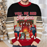 Gift For Couples, Cat Lovers, Pet Lovers, Cat Mom, Cat Dad - Fireplace You, Me And The Cat - Personalized Unisex Ugly Sweater