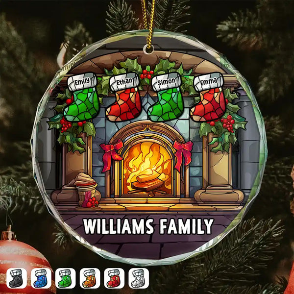 Family - Christmas Stocking On Fireplace Family - Personalized Circle Glass Ornament
