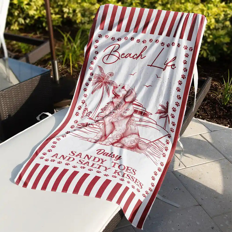 Dog Lovers,Funny - Summer Toile Dog Lover Beach Life Sandy Toes And Salty Kisses - Personalized Beach Towel