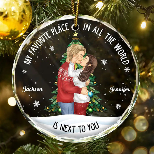 Christmas,Gift For Couples,Gift For Husband,Gift For Wife,Gift For Boyfriend,Happy - My Favorite Place In All The World Side View - Personalized Circle Glass Ornament