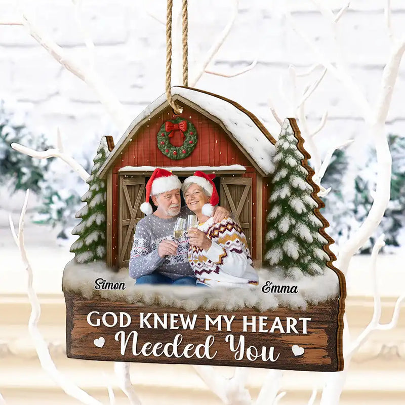 Christmas,Gift For Couples,Gift For Husband,Gift For Wife,Gift For Boyfriend,Gift For Girlfriend,Happy - Custom Photo God Gave Me You Couple Red Barn - Personalized Custom Shaped Wooden Ornament