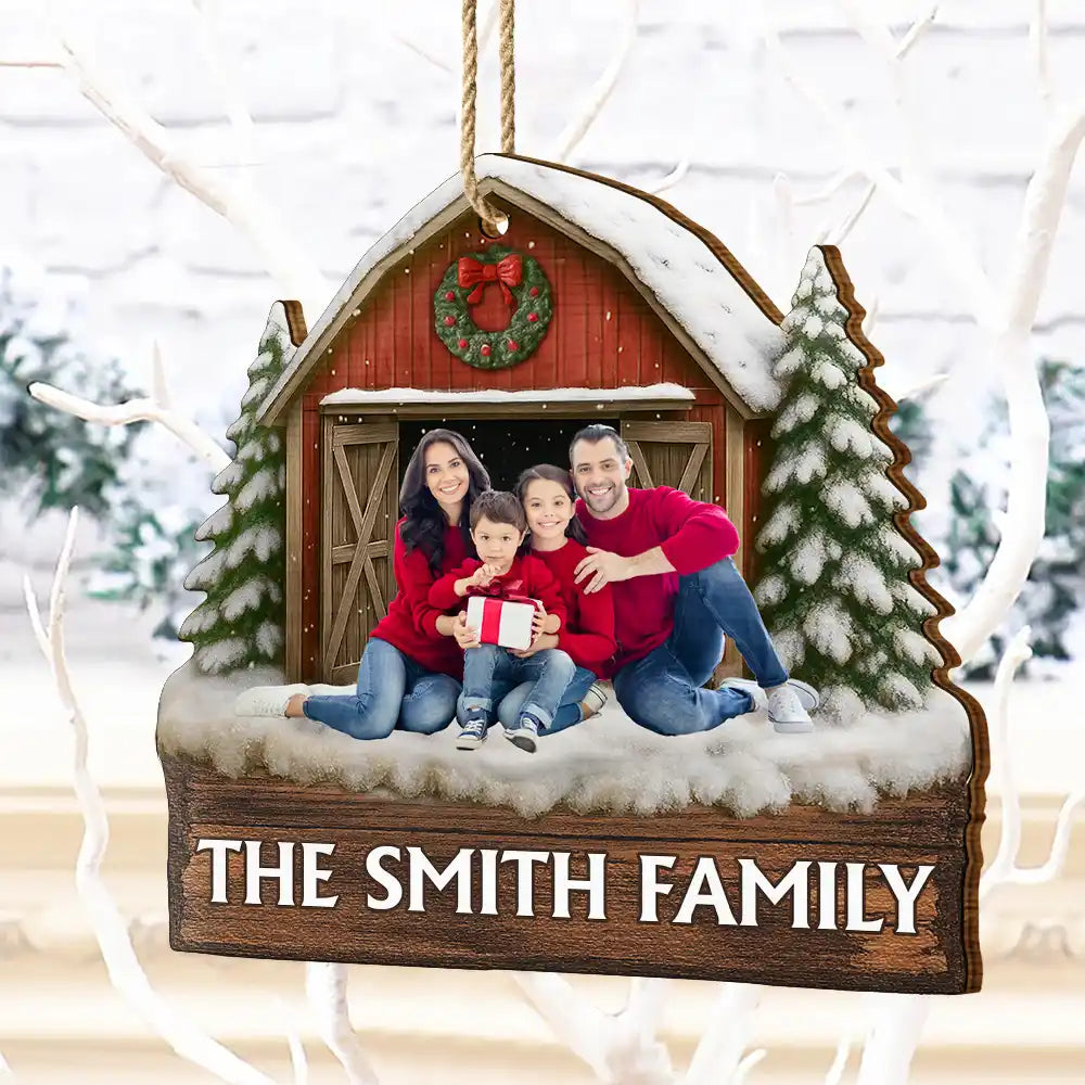 Custom Photo,Christmas,Family,Happy - Custom Photo Family Gathering Red Barn - Personalized Custom Shaped Wooden Ornament