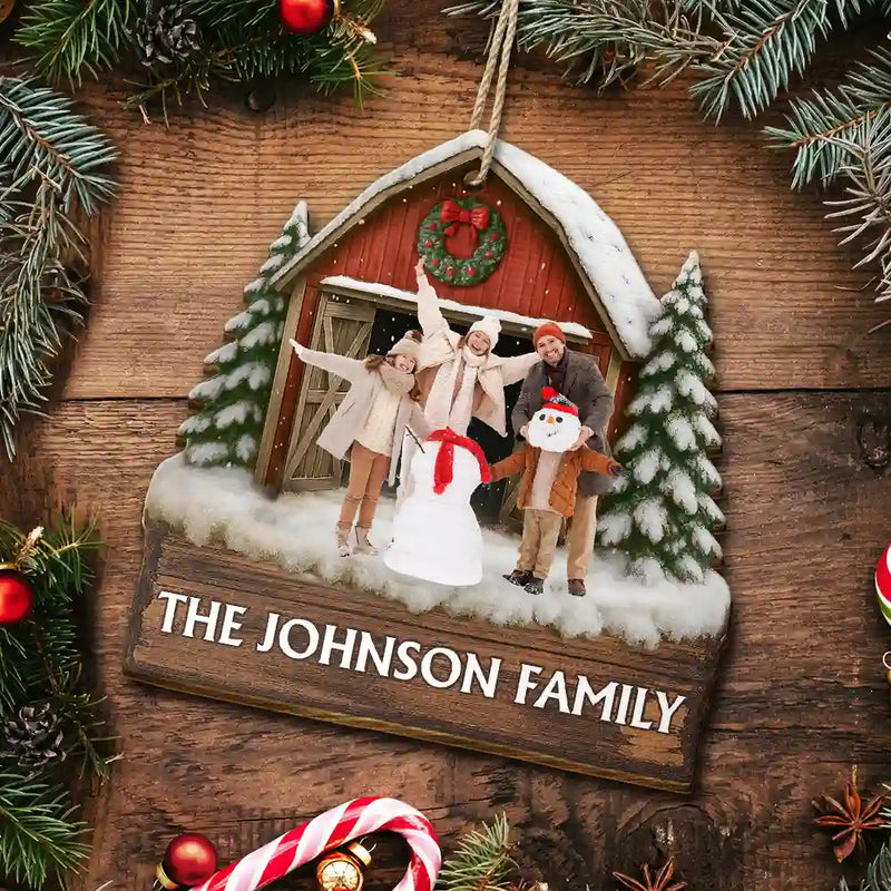 Custom Photo,Christmas,Family,Happy - Custom Photo Family Gathering Red Barn - Personalized Custom Shaped Wooden Ornament