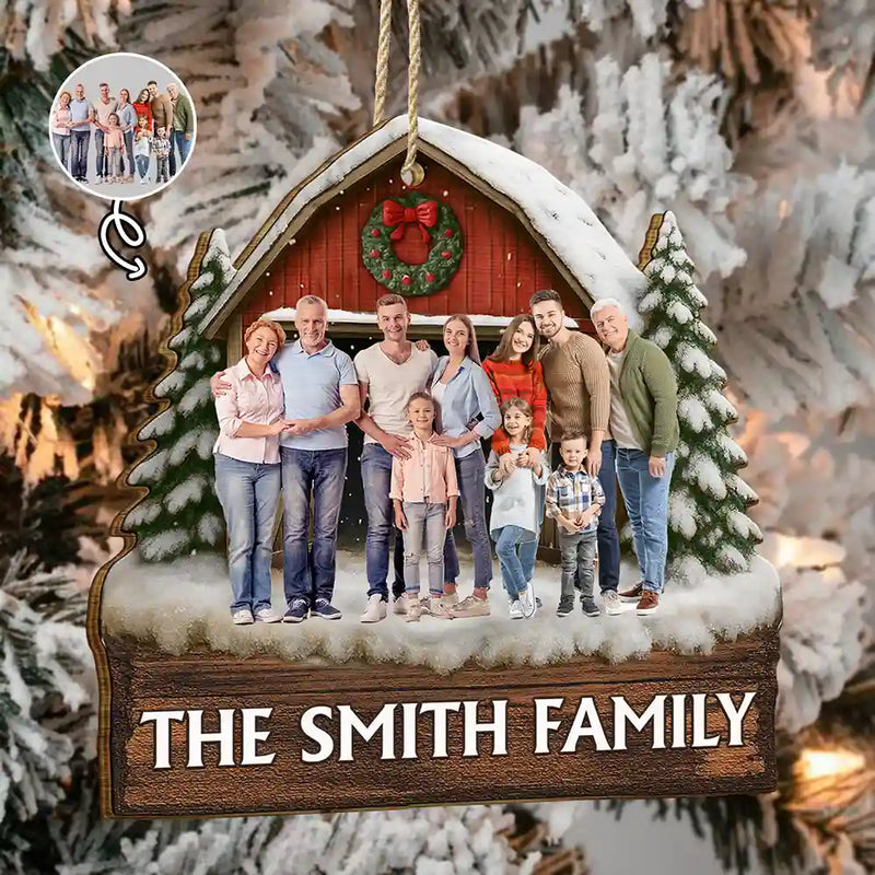 Custom Photo,Christmas,Family,Happy - Custom Photo Family Gathering Red Barn - Personalized Custom Shaped Wooden Ornament