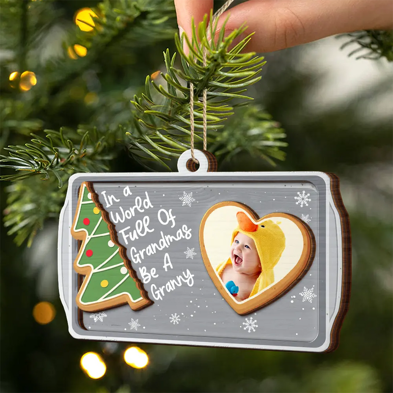 Gift For Grandma,Gift For Women,Christmas,Love - Custom Photo Gingerbread Cookie World Full Of Grandmas - Personalized 2-Layered Wooden Ornament