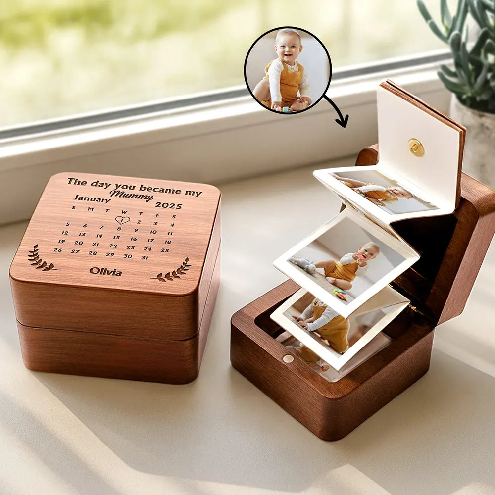 Gift For Women,Gift For Mother,Gift For Father,Parents,Gift For Grandparents,Gift For Grandma,Gift For Grandpa,New Dad,New baby,New Mom,Love - Custom Photo Calendar The Day You Became My Mommy Daddy - Personalized Wooden Accordion Photo Box
