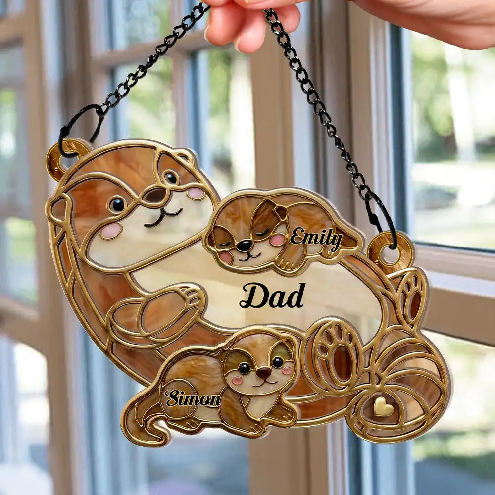 Gift For Grandma,Gift For Mother,Gift For Father,Icon,Adorable - Otter Pups Stained Glass Effect Mom Grandma - Personalized Window Hanging Suncatcher Ornament