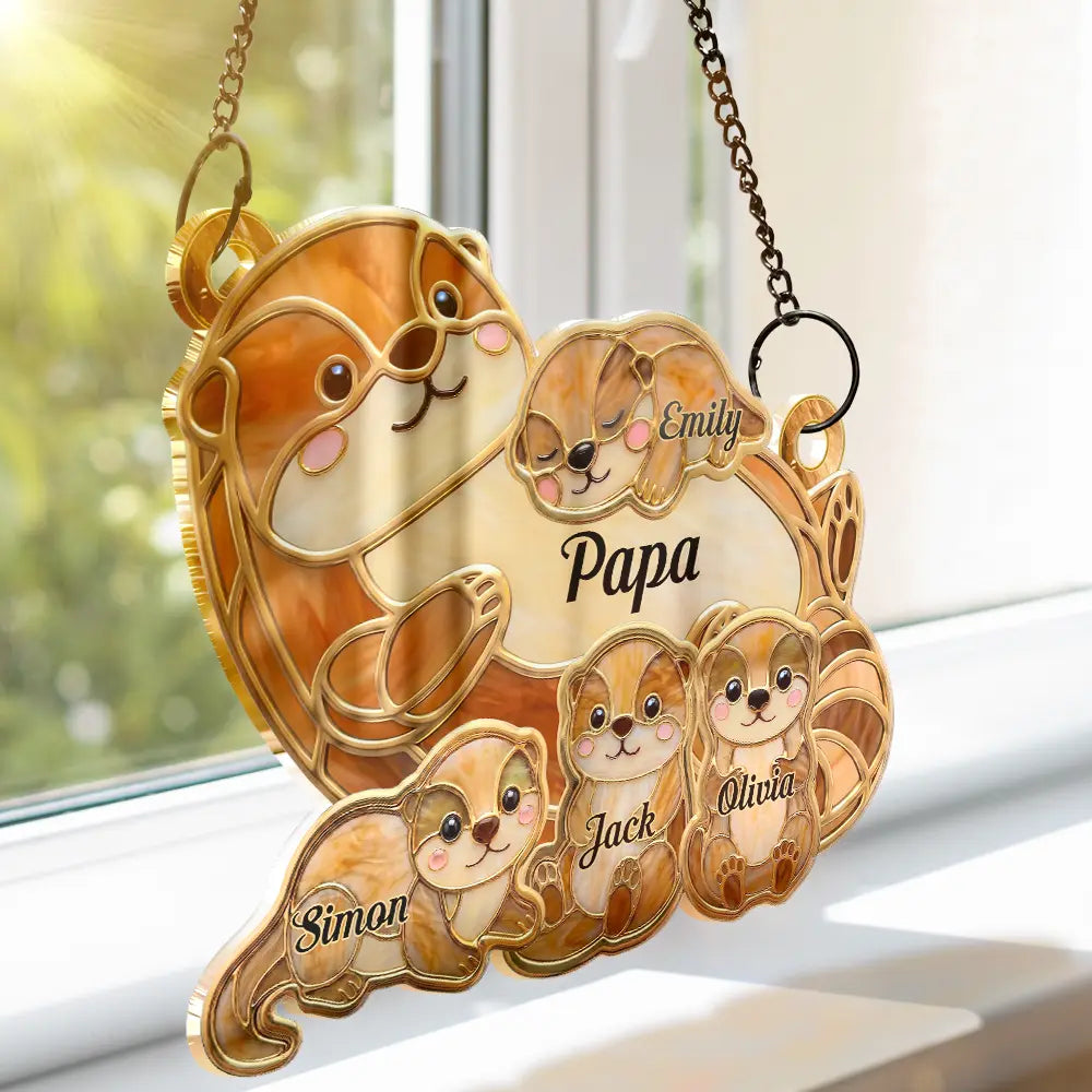 Gift For Grandma,Gift For Mother,Gift For Father,Icon,Adorable - Otter Pups Stained Glass Effect Mom Grandma - Personalized Window Hanging Suncatcher Ornament
