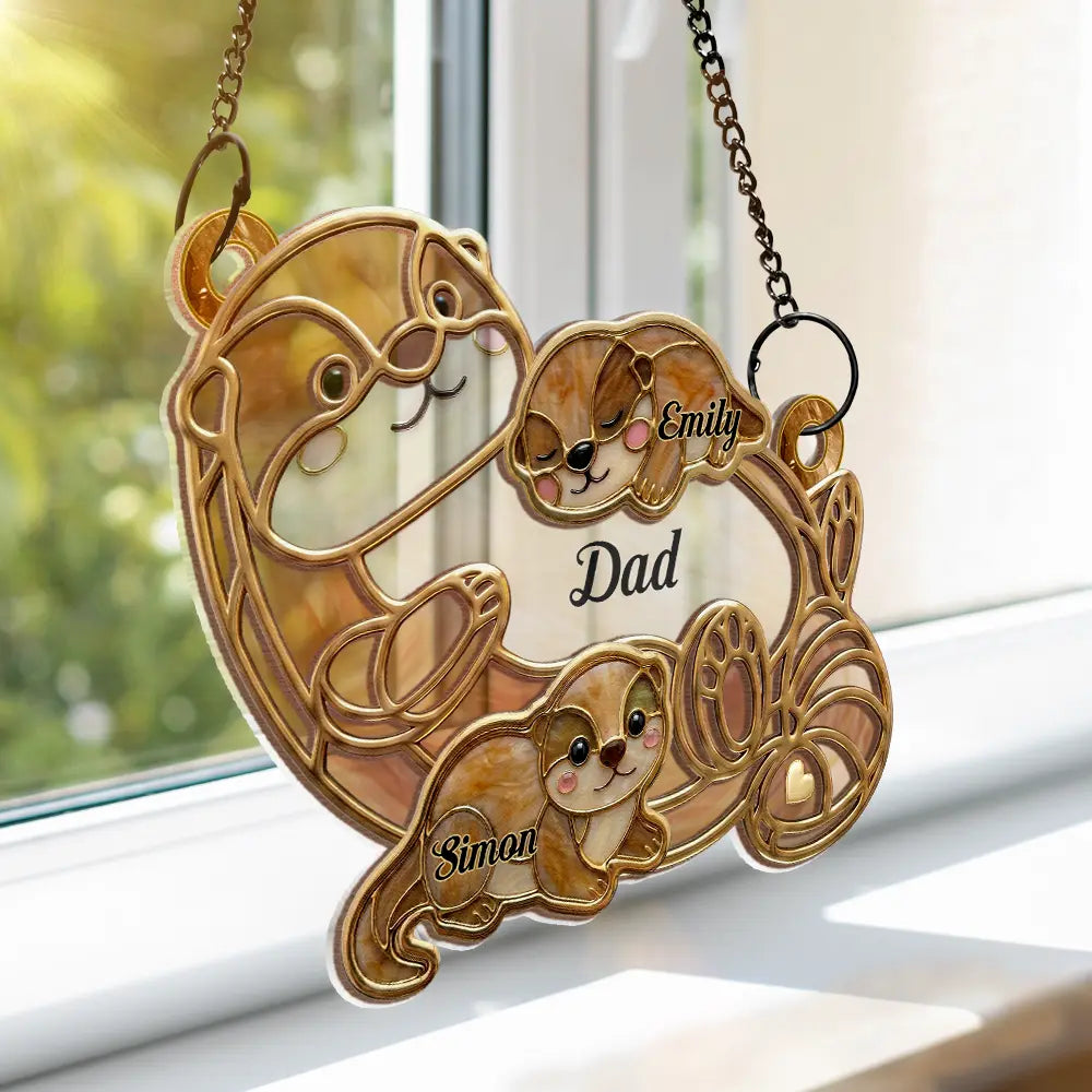 Gift For Grandma,Gift For Mother,Gift For Father,Icon,Adorable - Otter Pups Stained Glass Effect Mom Grandma - Personalized Window Hanging Suncatcher Ornament