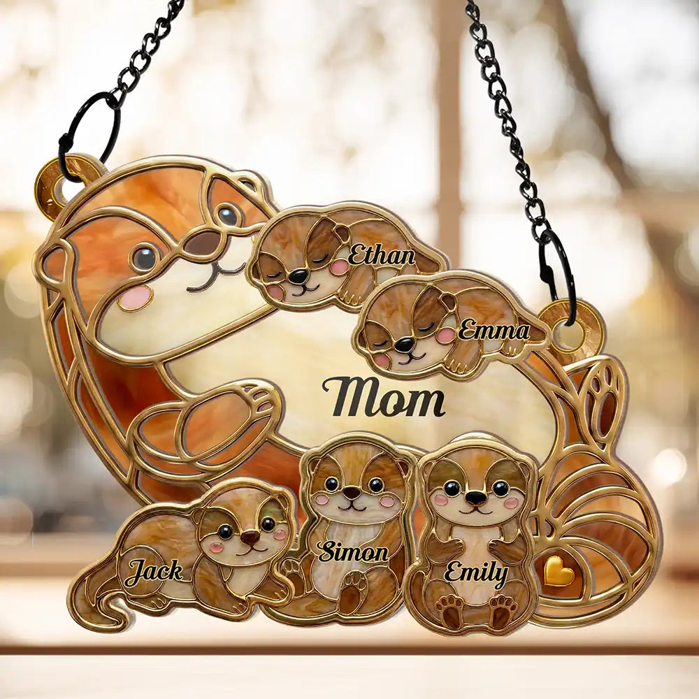 Gift For Grandma,Gift For Mother,Gift For Father,Icon,Adorable - Otter Pups Stained Glass Effect Mom Grandma - Personalized Window Hanging Suncatcher Ornament