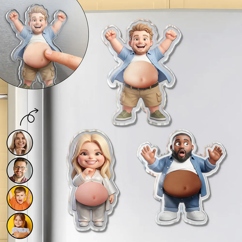 Custom Photo,Art Design,Family,Humorous,Photo - Belly FreeStyle Pose Cartoon Figure - Custom Photo Cartoon Belly Character Family Members - Personalized Squishy Acrylic Fridge Magnet