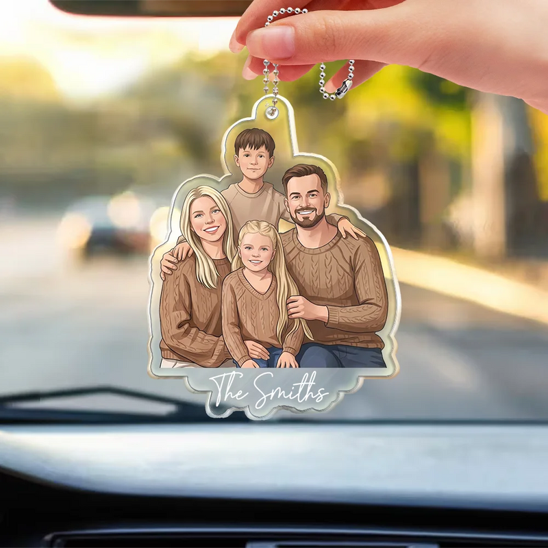 Custom Photo,Art Design,Family,Adorable,Photo - Semi Realistic Portrait - Custom Photo Semi Realistic Portrait Family Couple Pet Lovers Portrait - Personalized Acrylic Car Hanger