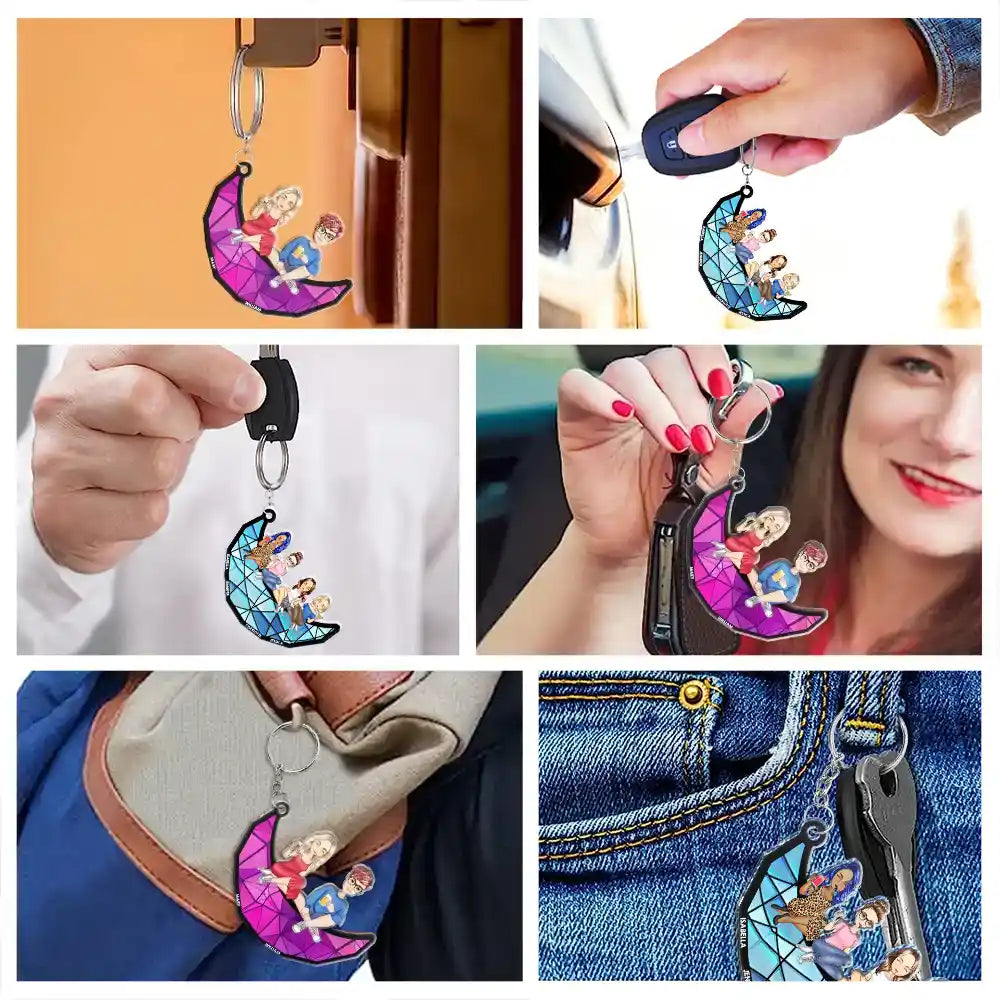 Cartoon Besties Friends Sitting On The Moon - Personalized Cutout Acrylic Keychain