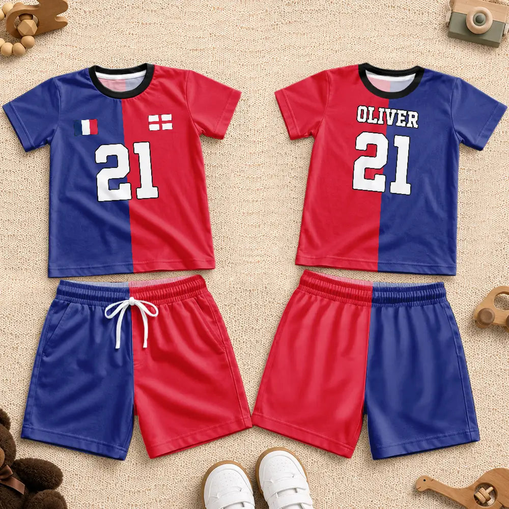 Gift For Kids, Summer, Football (Soccer), Proud, Summer Soccer Games, Icon, Custom Text - Half And Half Flag Summer Soccer Games - Personalized Kids Clothing Set