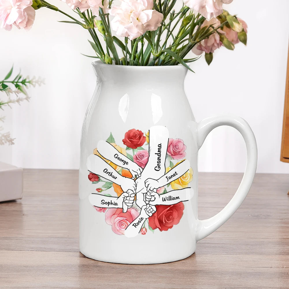 Gift For Mother,Gift For Grandma,Gift For Women,Love - Hand In Hand Birth Flower Grandma Mom - Personalized Ceramic Flower Vase