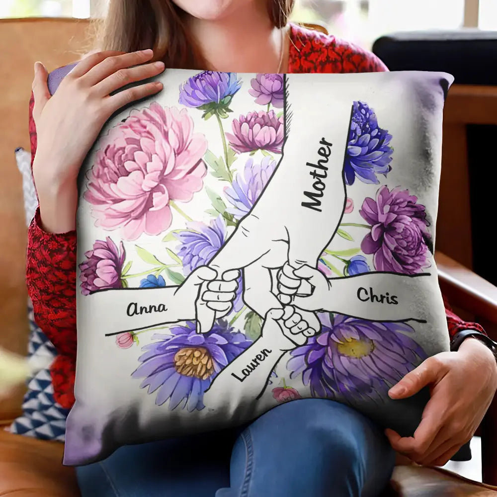 Gift For Grandma, Gift For Mother, Love, Happy - Hand In Hand Birth Flower Grandma Mom - Personalized Pillow
