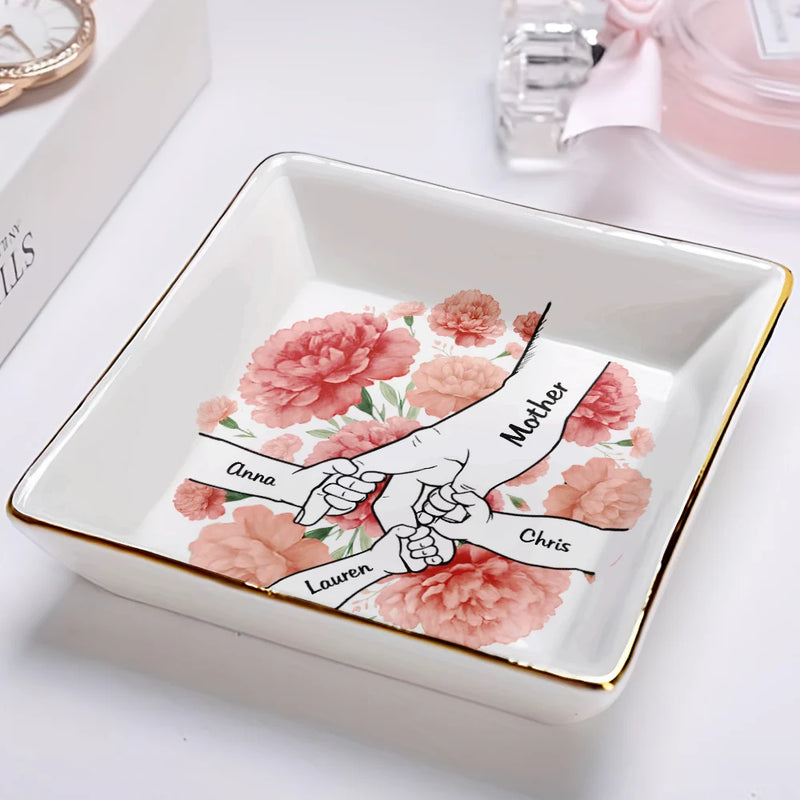 Gift For Grandma,Gift For Mother,Love,Happy - Hand In Hand Birth Flower Grandma Mom - Personalized Ring Dish