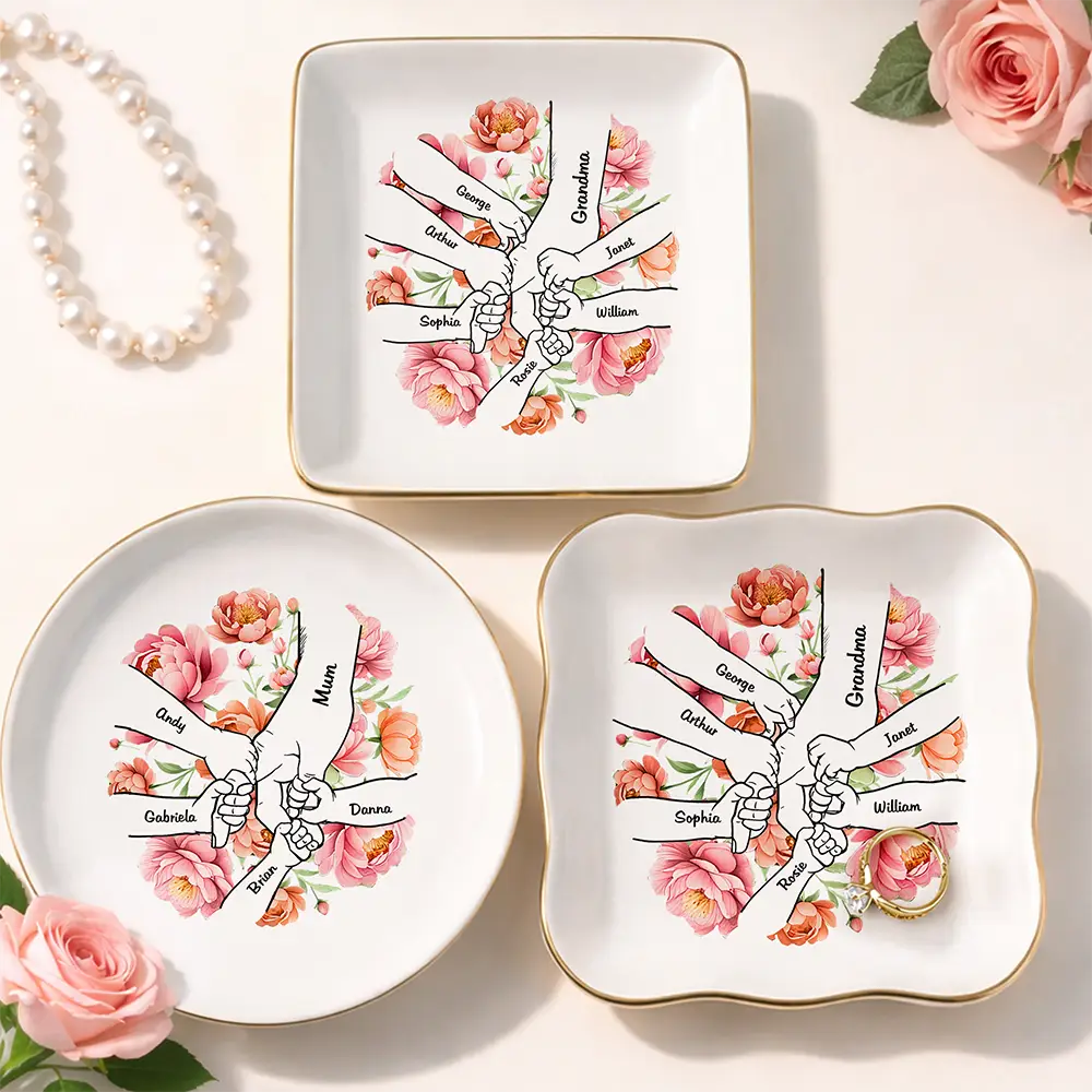 Hand In Hand Birth Flower Grandma Mom - Personalized Ring Dish