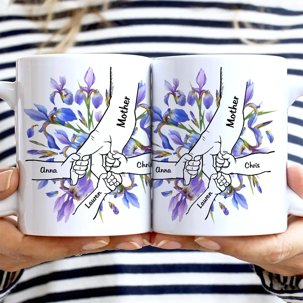 Gift For Grandma, Gift For Mother, Love, Happy - Hand In Hand Birth Flower Grandma Mom - Personalized White Edge-to-Edge Mug