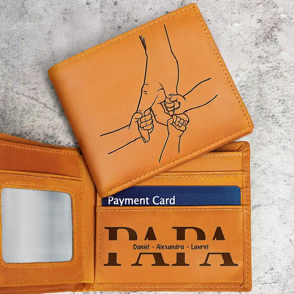 Gift For Father,Gift For Grandpa - Hand In Hand Grandpa Will Always Protect Grandkid - Personalized Engraved Leather Wallet