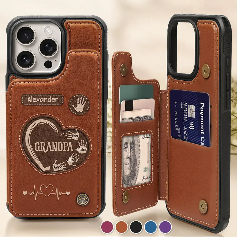 Gift For Father,Dad,Children - Hand Prints Dad Grandpa - Personalized Leather Flip Wallet Phone Case
